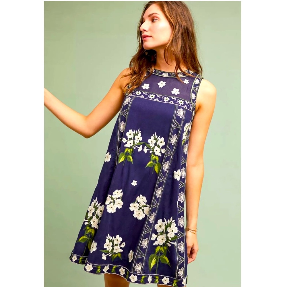Anthropologie Maeve Rosa Embroidered Floral Swing Sleeveless Dress
